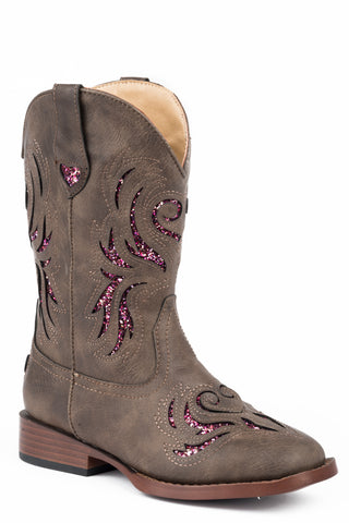 Roper Kids Girls Glitter Breeze Brown Faux Leather Cowboy Boots