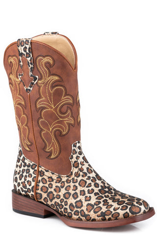 Roper Kids Girls Glitter Wild Cat Brown Faux Leather Cowboy Boots
