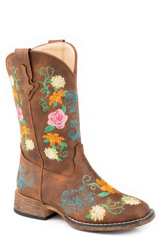Roper Kids Girls Bailey Floral Tan Faux Leather Cowboy Boots