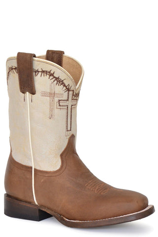 Roper Kids Unisex Cross Tan Leather Cowboy Boots