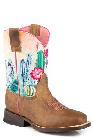Roper Kids Girls Cacti Tan Leather Cowboy Boots