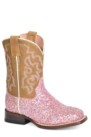 Roper Kids Girls Glitter Queen Pink Leather Cowboy Boots
