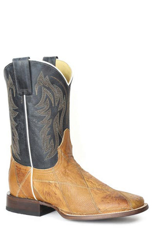 Roper Mens Ostrich Check Tan/Blue Ostrich Cowboy Boots