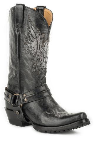 Roper Mens Brushoff Black Leather Moto Eagle Lug Cowboy Boots 10.5D