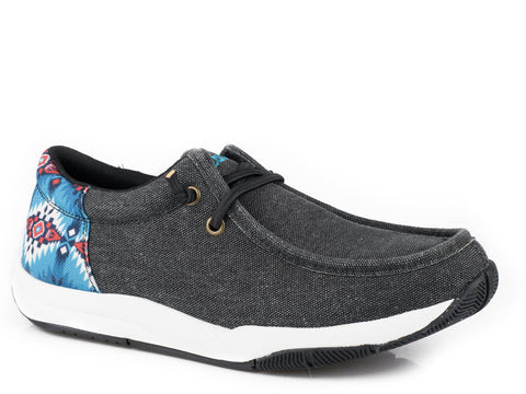 Roper Womens Clearcut Low Aztec Black/Blue Canvas Slip-On Shoes