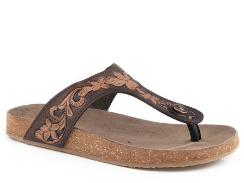 Roper Womens Miranda Brown Leather T-Strap Sandals
