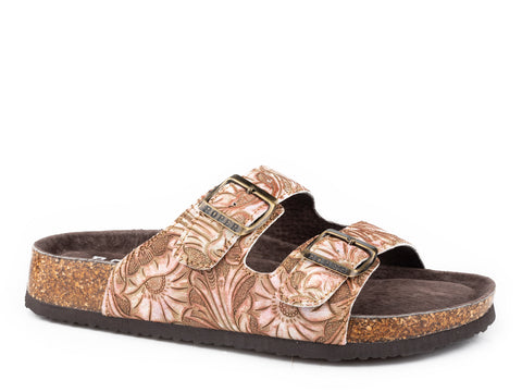 Roper Womens Delilah Tan Leather Floral Sandals Shoes