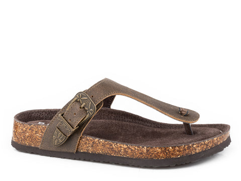 Roper Womens Helena Brown Leather T-Strap Sandals