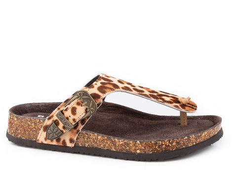 Roper Womens Helena Tan Leather Leopard T-Strap Sandals