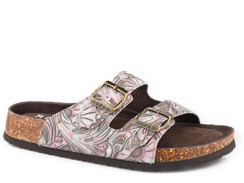 Roper Womens Delilah Brown Faux Leather Embossed Floral Sandals Shoes