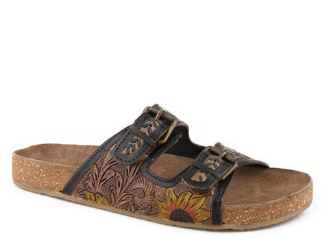 Roper Womens Desiree Tooled Tan Leather Sandals Shoes