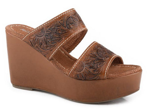 Roper Womens Diva II 2 Band Cognac Leather Sandals Shoes