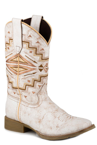 Roper Womens Monterey Aztec White Leather Cowboy Boots 8.5