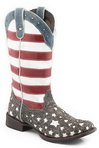 Roper Womens Brown Multi Leather American Star Flag Cowboy Boots 10