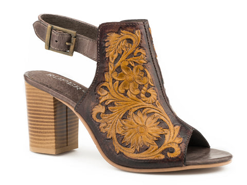 Roper Womens Mika Brown Leather Peep Toe Heels