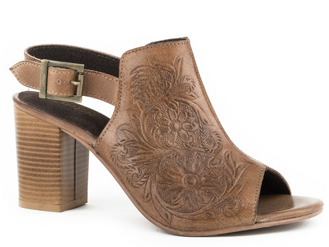 Roper Womens Mika Beige Leather Tooled Peep Toe Heels
