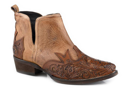 Roper Womens Addie Tooled Tan/Cognac Leather Shorty Ankle Boots