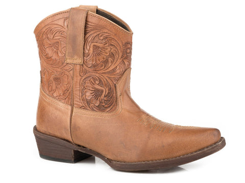 Roper Womens Tan Leather Dusty Tooled Snip Toe Cowboy Boots 10