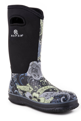 Roper Womens Barnyard Paisley Black/Grey Neoprene Work Boots