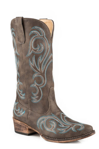 Roper Womens Riley Brown/Turquoise Faux Leather Cowboy Boots
