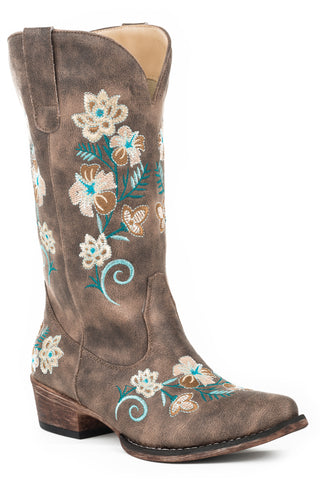 Roper Womens Riley Floral Brown Faux Leather Cowboy Boots