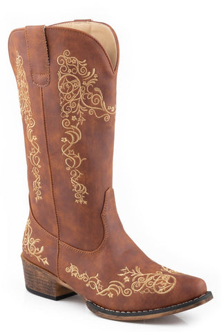 Roper Womens Riley Scroll Tan Faux Leather Cowboy Boots