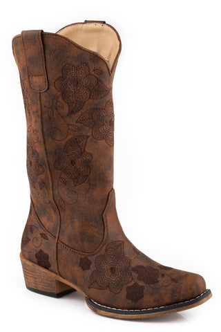 Roper Womens Riley Flowers Brown Faux Leather Cowboy Boots