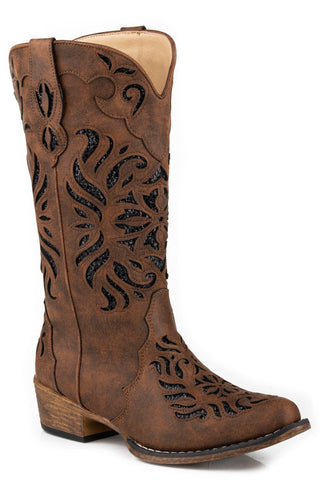 Roper Womens Riley Glitz Brown Faux Leather Cowboy Boots
