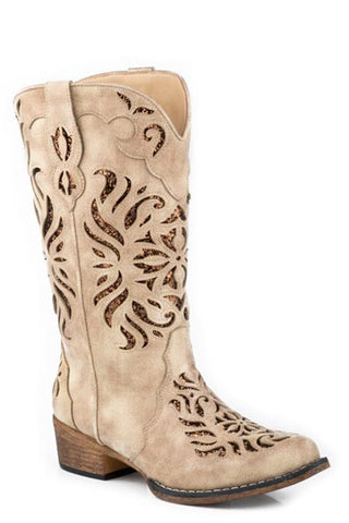 Roper Womens Riley Glitz Vintage Beige Faux Leather Cowboy Boots