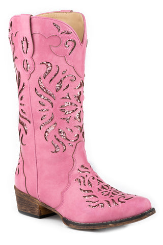 Roper Womens Riley Glitz Pink Faux Leather Cowboy Boots