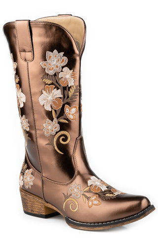 Roper Womens Riley Floral Metallic Brown Faux Leather Cowboy Boots