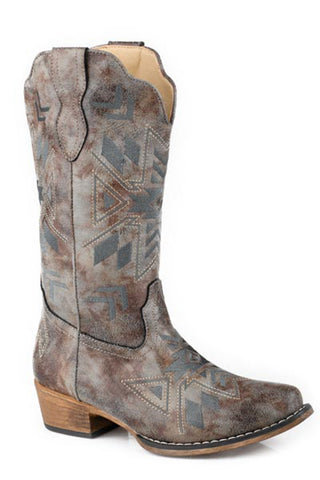 Roper Womens Riley Aztec Vintage Grey Faux Leather 12in Cowboy Boots