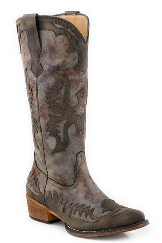 Roper Womens Maria Vintage Grey Faux Leather 14in Cowboy Boots