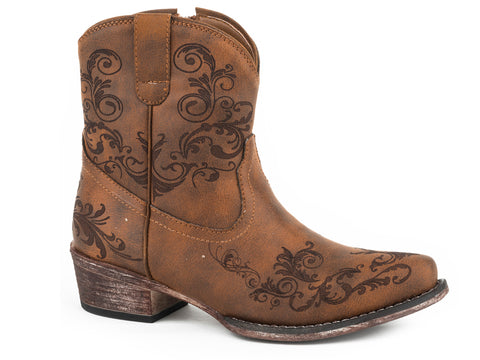 Roper Womens Short Stuff Cognac Faux Leather Cowboy Boots