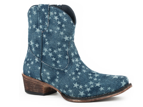 Roper Womens Merica Denim Stonewashed Denim Faux Leather Cowboy Boots