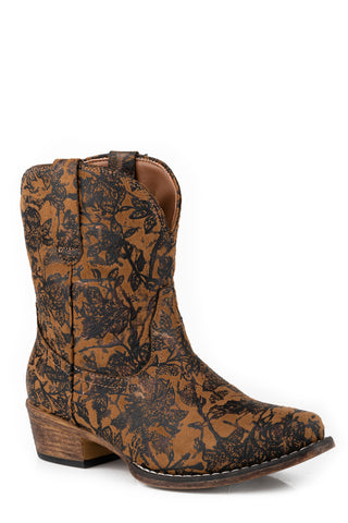 Roper Womens Emma Floral Tan Faux Leather Cowboy Boots