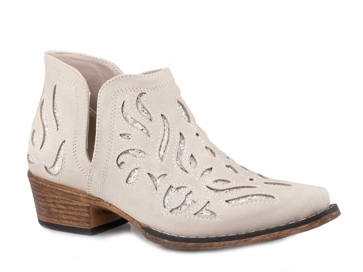 Roper Womens Ava Glitz White Faux Leather Ankle Boots – The