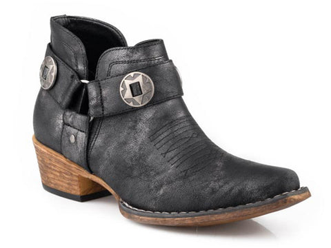 Roper Womens Ava Harness Black Faux Leather Concho Ankle Boots