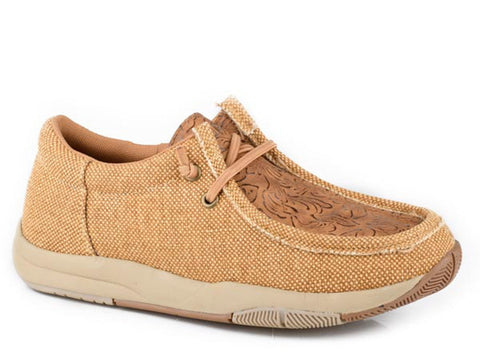 Roper Womens Clearcut Embossed Vintage Tan Canvas Boat Shoes