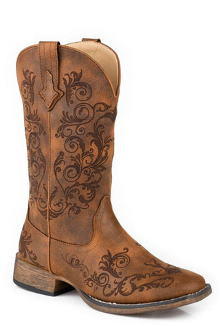 Roper Womens Bailey Laser Vintage Cognac Faux Leather 12in Cowboy Boots