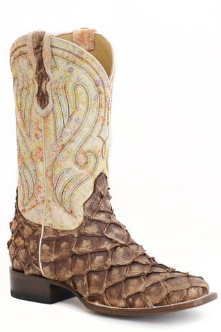 Roper Womens Beige/Brown Leather All In Pirarucu Cowboy Boots 8