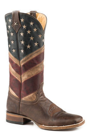 Roper Womens Old Glory Brown/Navy Leather Cowboy Boots