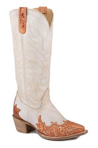 Roper Womens The Natural White Leather Hummingbird Cowboy Boots