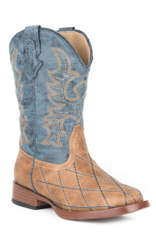 Roper Youth Unisex Cross Cut Tan/Blue Faux Leather Cowboy Boots