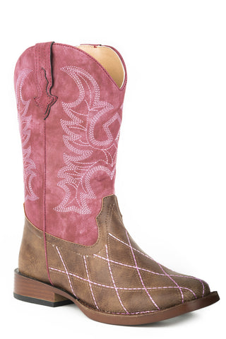 Roper Youth Girls Cross Cut Brown/Raspberry Faux Leather Cowboy Boots