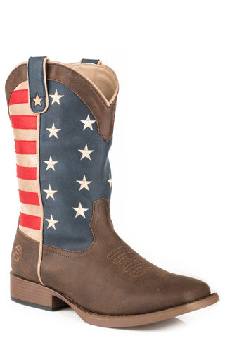 Roper Youth Boys American Patriot Brown Faux Leather Cowboy Boots