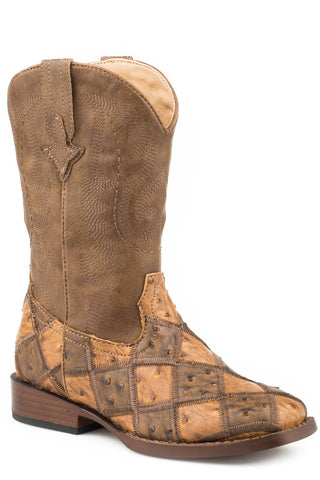 Roper Youth Unisex Bird Blocks Tan Faux Leather Cowboy Boots