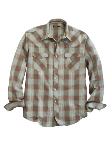 Tin Haul Mens Sand Check Dobby Brown 100% Cotton L/S Shirt