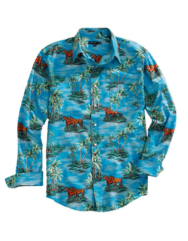 Tin Haul Mens Vintage Hawaiian Blue 100% Cotton L/S Shirt