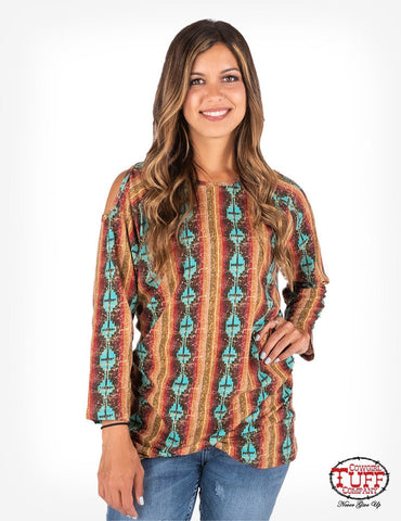 Cowgirl Tuff Womens Aztec Cold Shoulder Coral/Turquoise 100% Cotton L/S Tunic